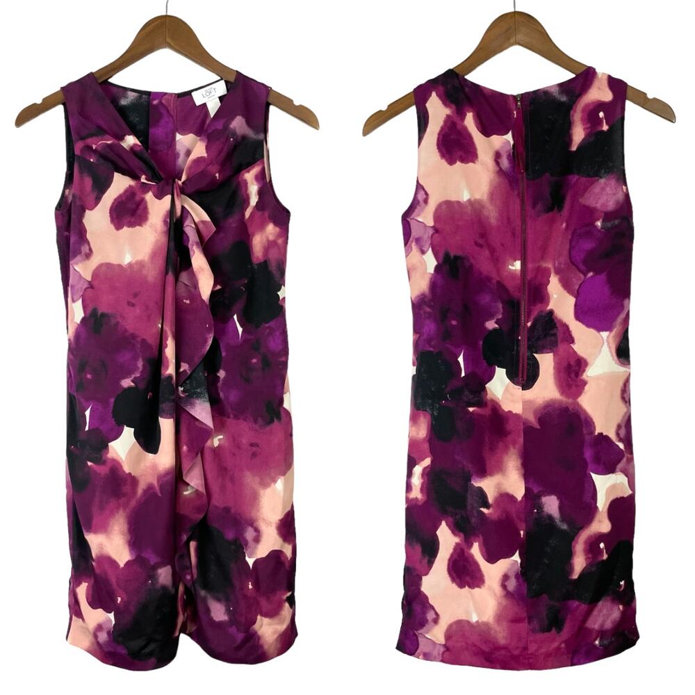 Ann Taylor Loft | Purple Pink Watercolor Ruffle Center Sleeveless Shift Dress
